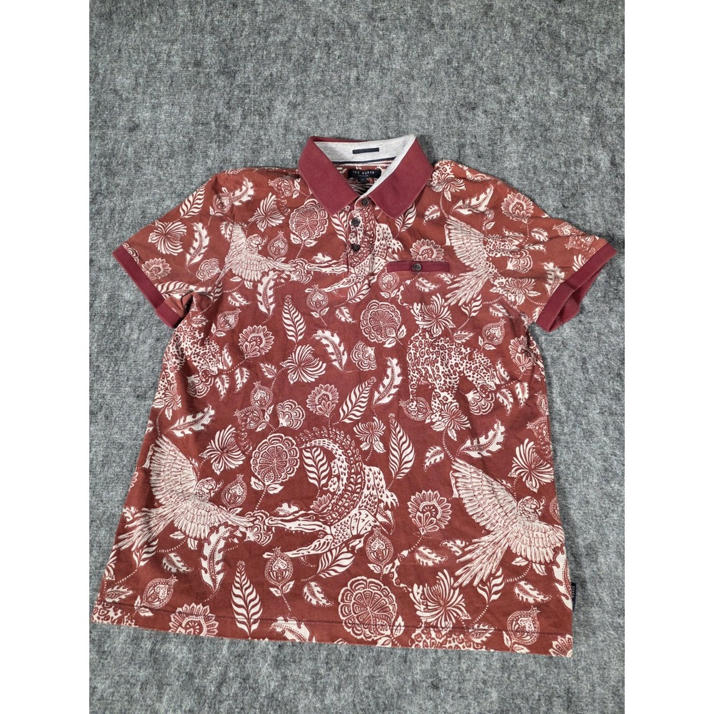 Ted Baker London Polo Shirt Mens 4 Large Rust Jungle Safari Birds Leopard Floral